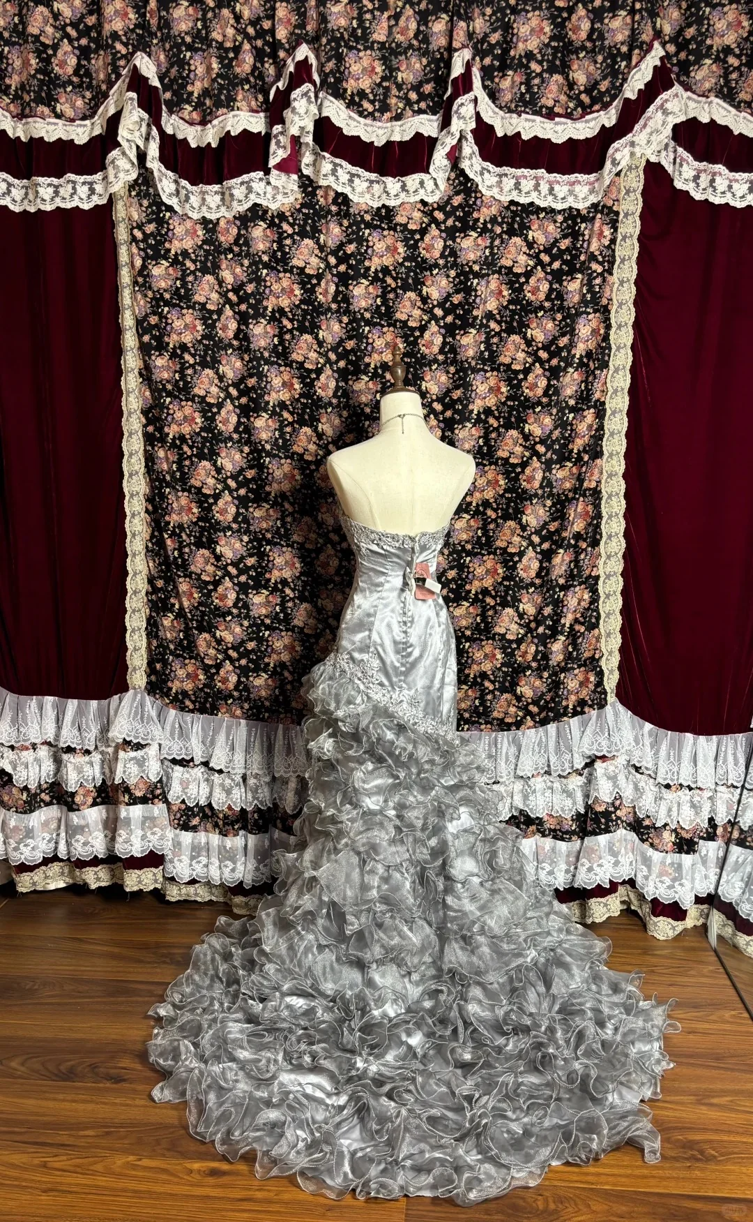 Silver Grey High Fishtail Shimmer Skirt Silk Tulle Large Curled Edge Wedding Dress P3003 - Image 2