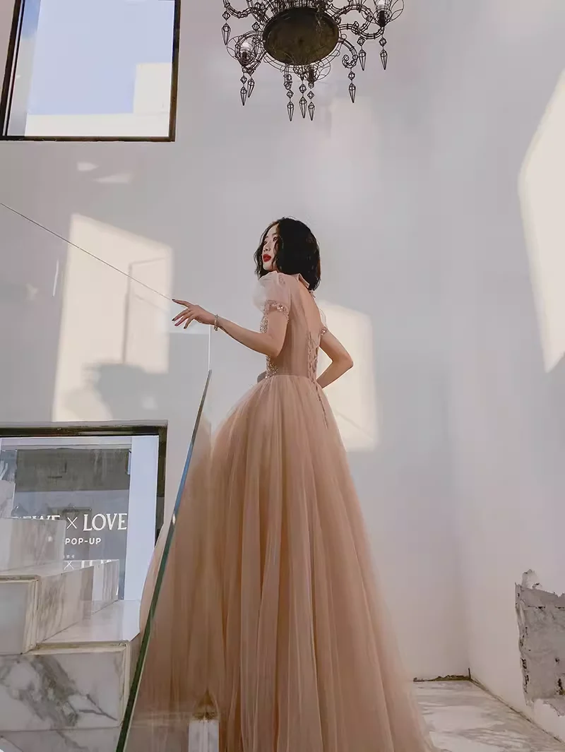 Simple A Line Champagne Tulle Prom Dresses Evening Dress P2149 - Image 5