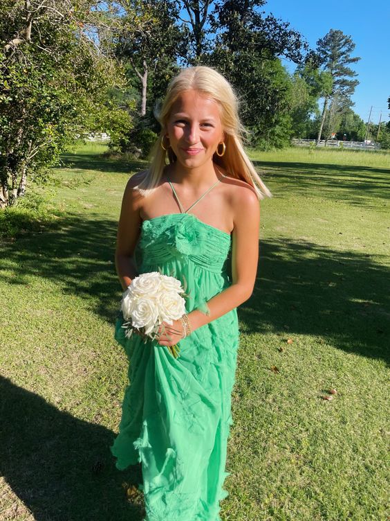 Simple A line Halter Long Green Prom Dress Party Dresses P1596 - Image 2