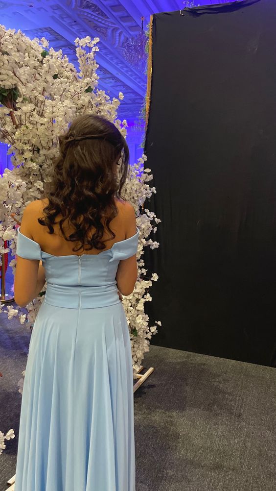 Simple A line Light Sky Blue Slit Long Prom Dress P1636 - Image 2
