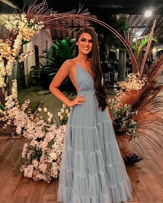 Simple A line Light Sky Blue Tulle Long Prom Dress P1662 - Image 2