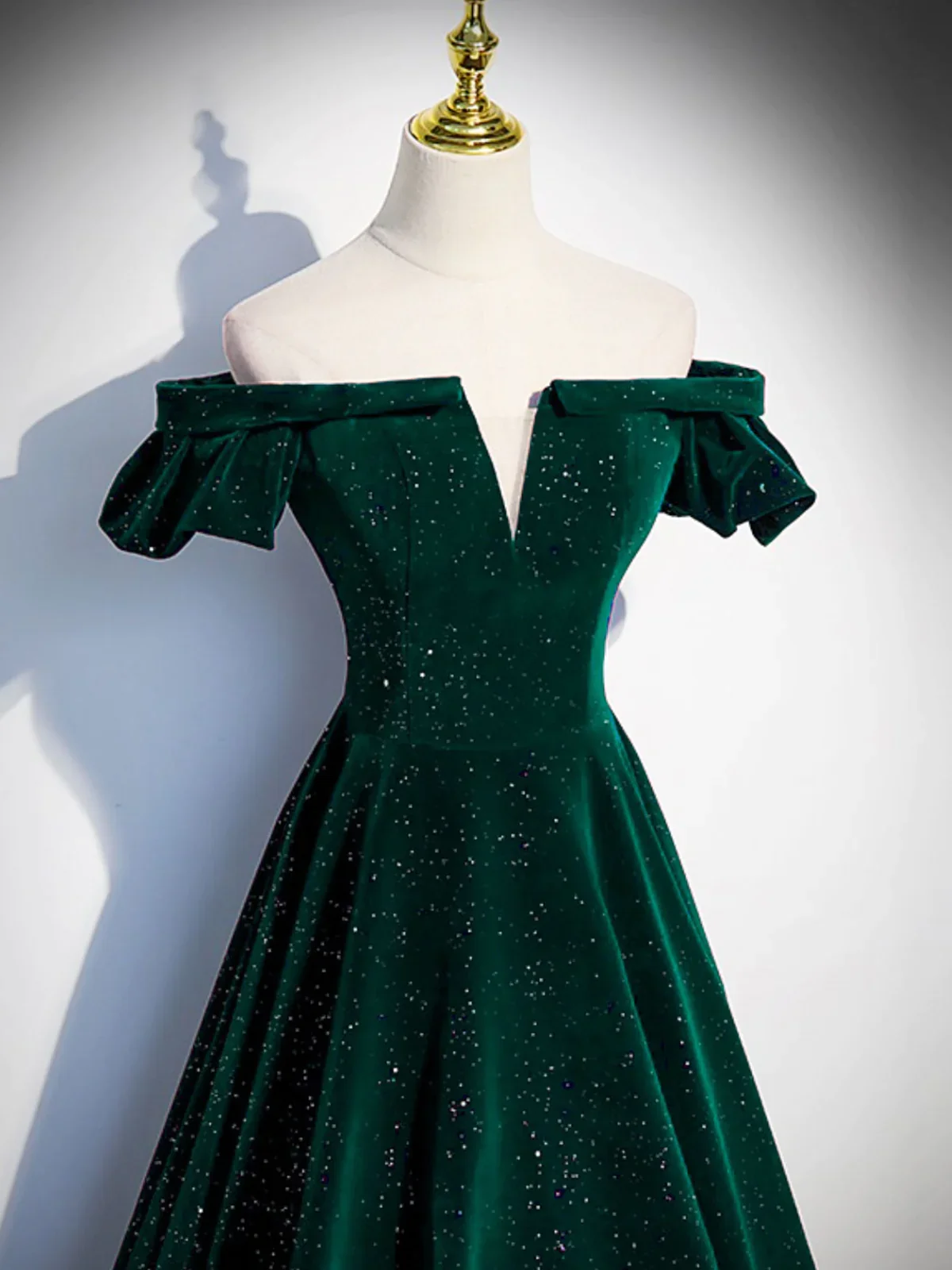 Simple A line Off the Shoulder Shiny Green Black Long Prom Dresses P2237 - Image 4