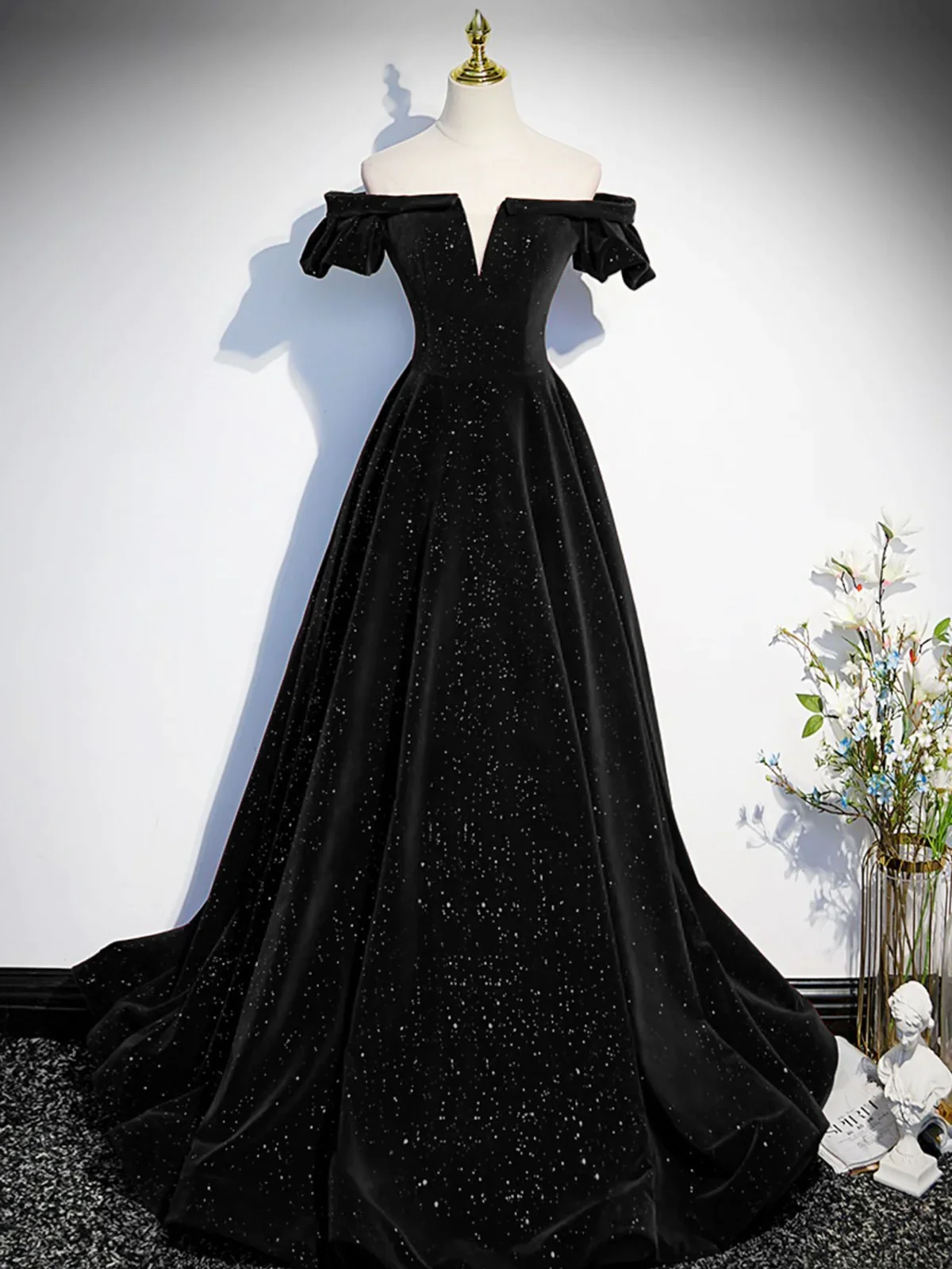 Simple A line Off the Shoulder Shiny Green Black Long Prom Dresses P2237 - Image 5