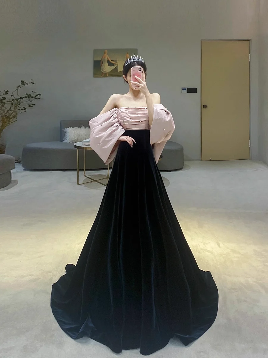 Simple A line Off The Shoulder Velvet Satin Long Prom Dresses P508 - Image 2