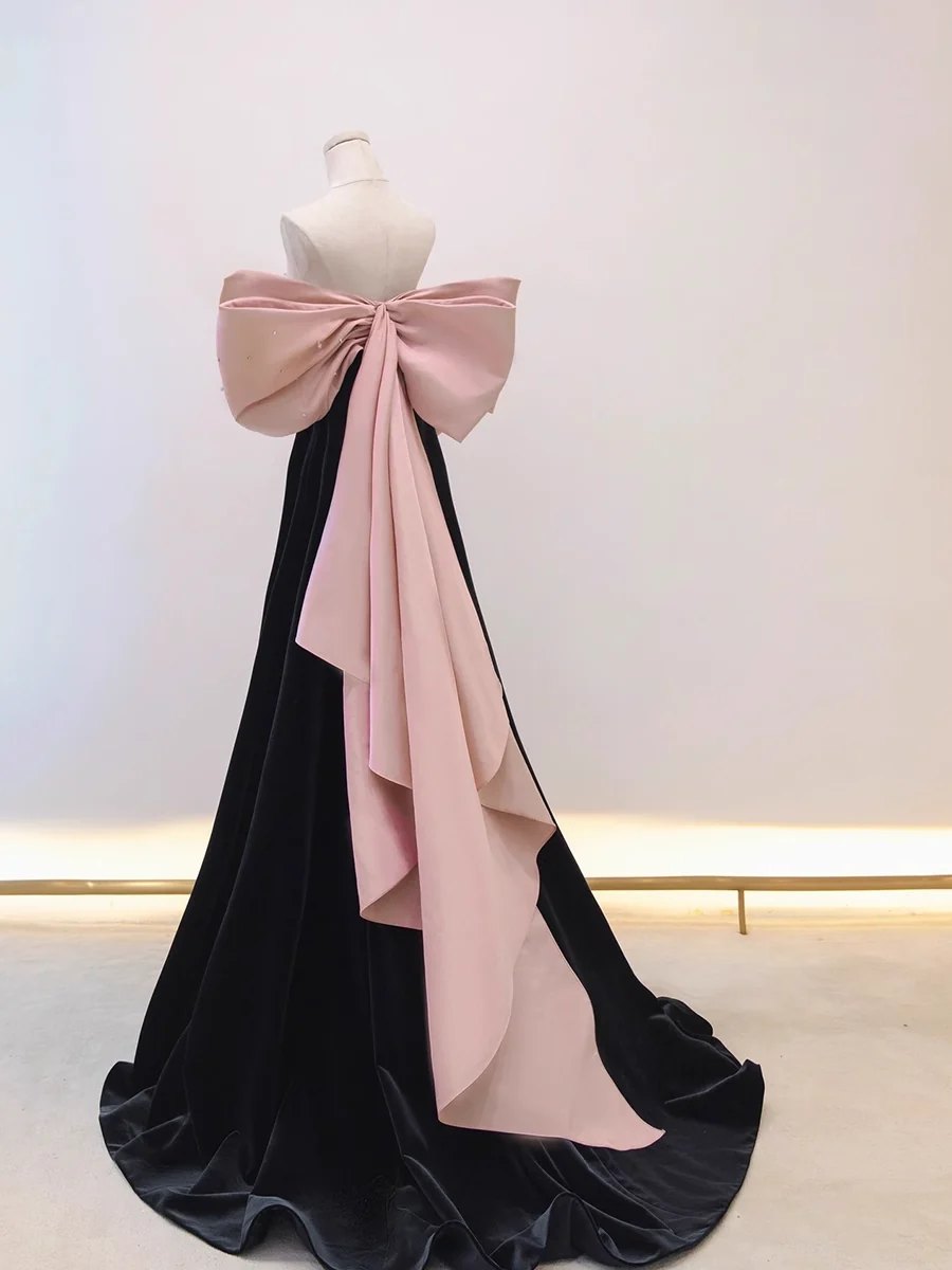 Simple A line Off The Shoulder Velvet Satin Long Prom Dresses P508 - Image 4