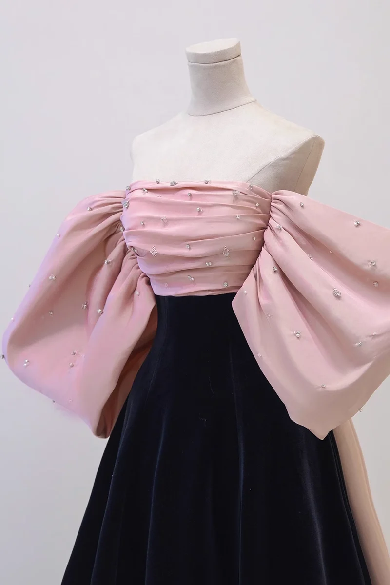 Simple A line Off The Shoulder Velvet Satin Long Prom Dresses P508 - Image 5
