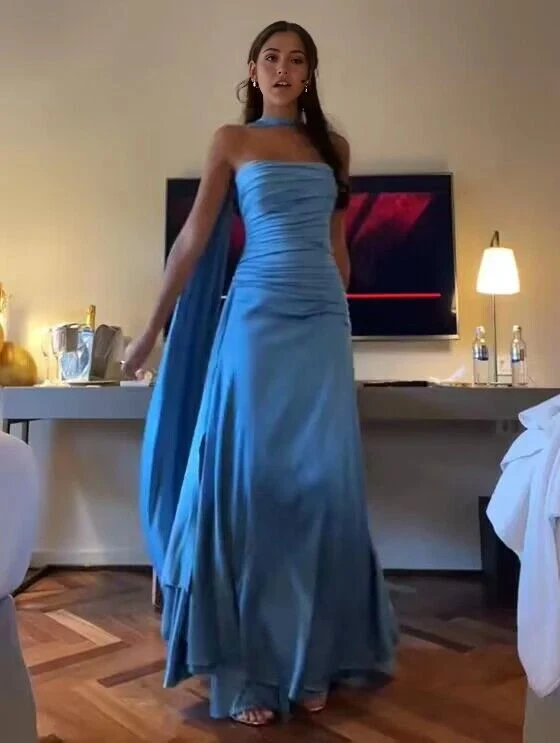 Simple A line Spaghetti Straps Blue Satin Prom Dresses Birthday Outfits P2450 - Image 2