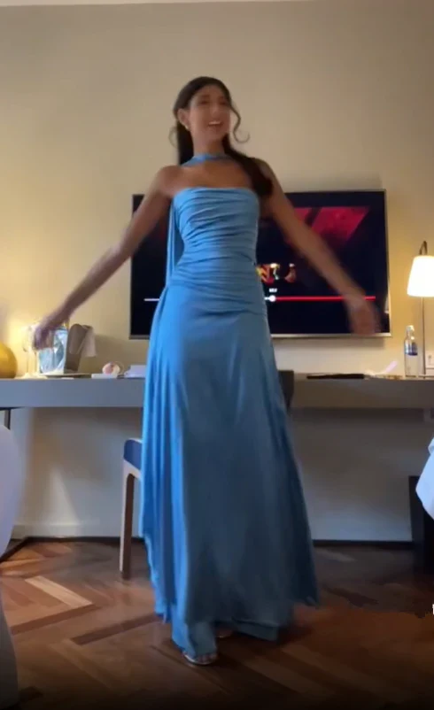 Simple A line Spaghetti Straps Blue Satin Prom Dresses Birthday Outfits P2450 - Image 5