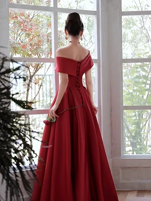Simple A line Strapless Satin Red Long Prom Dress P561 - Image 2