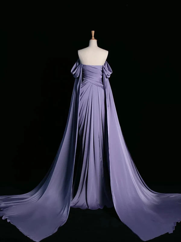 Simple A line Strapless Sleeveless Satin Lilac Prom Dresses Long Prom Dress P489 - Image 3