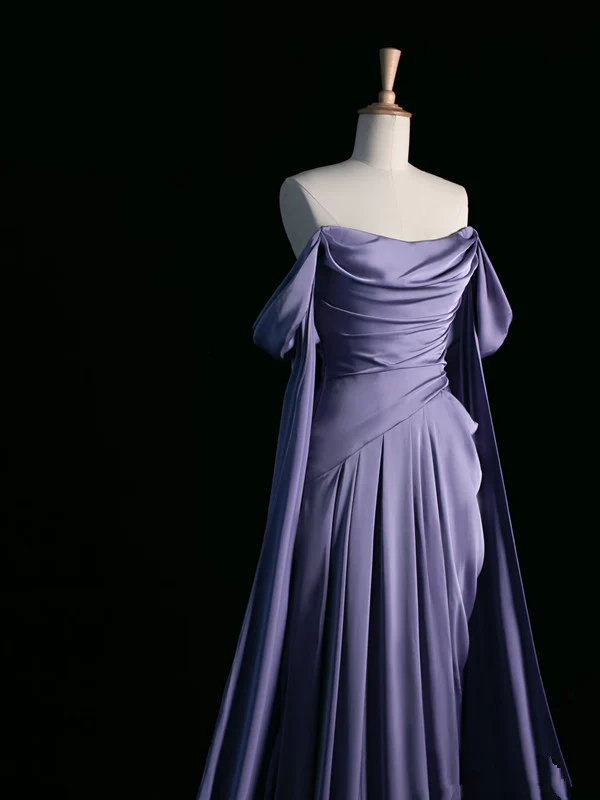 Simple A line Strapless Sleeveless Satin Lilac Prom Dresses Long Prom Dress P489 - Image 4
