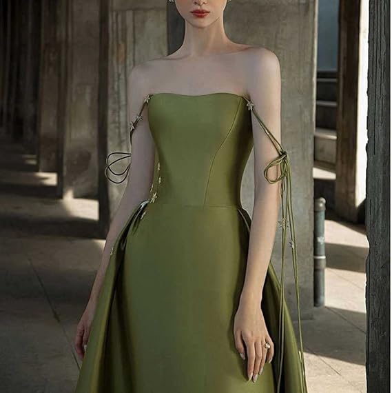Simple A Line Straps Dark Green Satin Prom Dress P1468 - Image 7