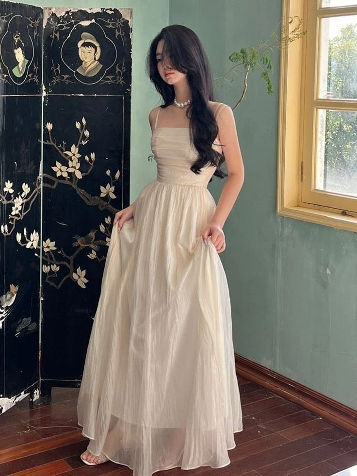 Simple A line Straps Long Ivory Prom Dress Birthday Outfits P471 - Image 3