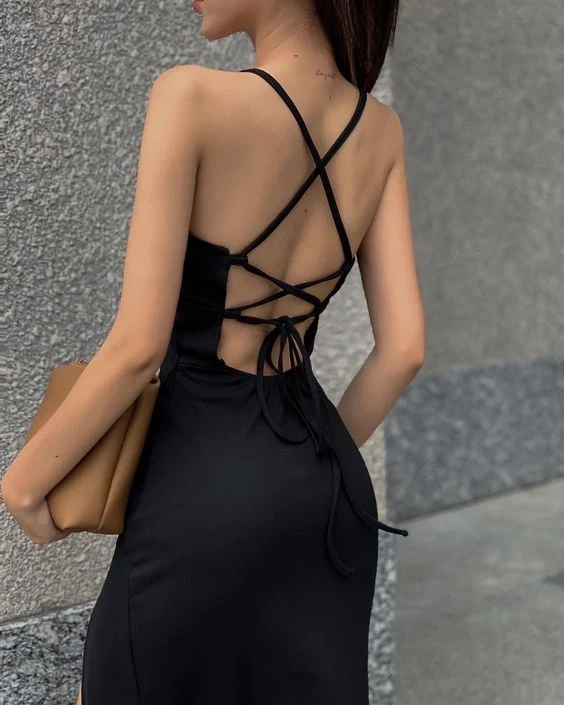 Simple A line Straps Party Dresses Black Long Slit Prom Dresses P719 - Image 2
