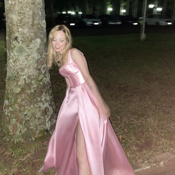 Simple A line Straps Pink Satin Long Prom Dress P973 - Image 2