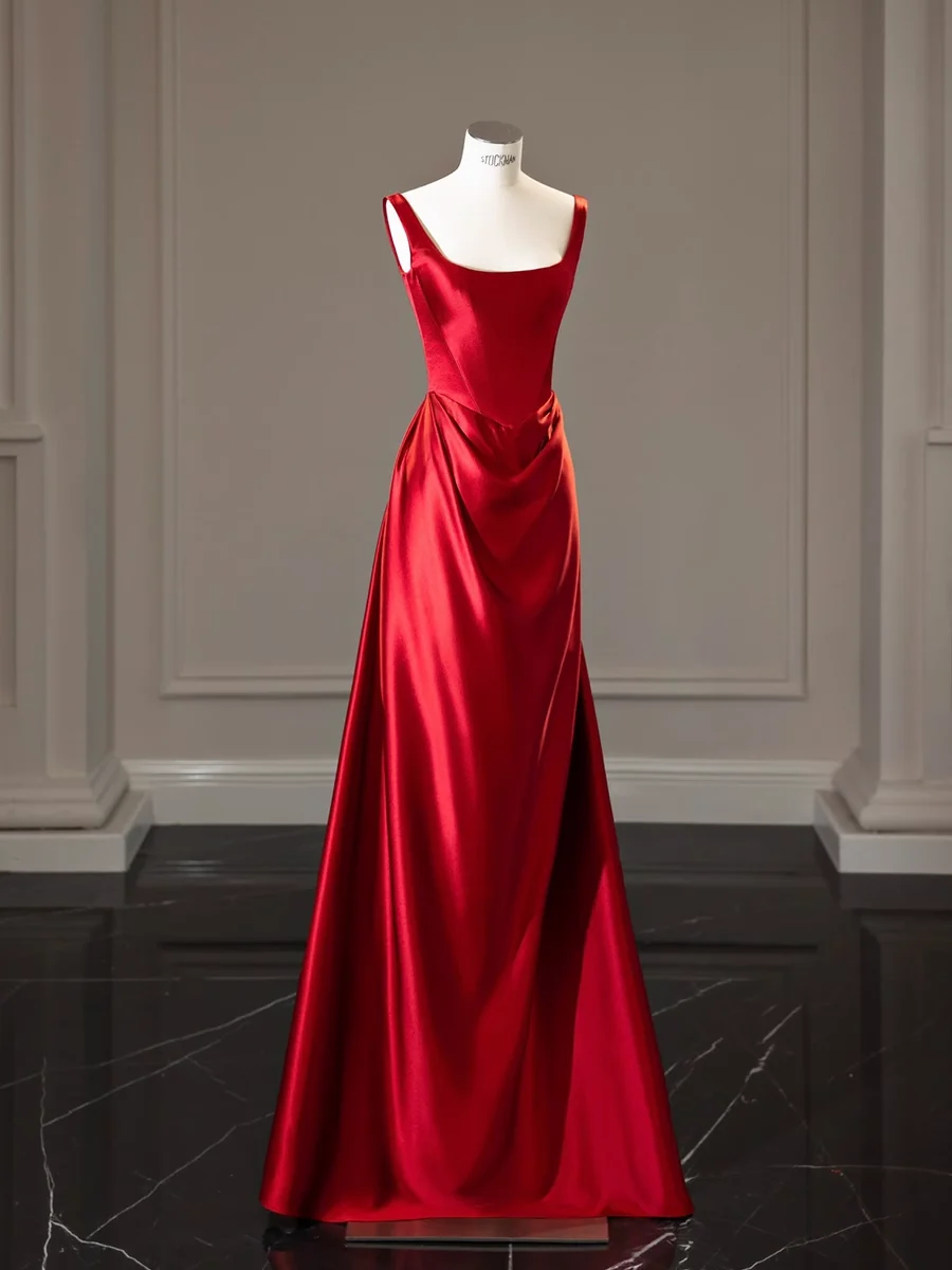 Simple A line Straps Red Satin Long Prom Dresses P513 - Image 2