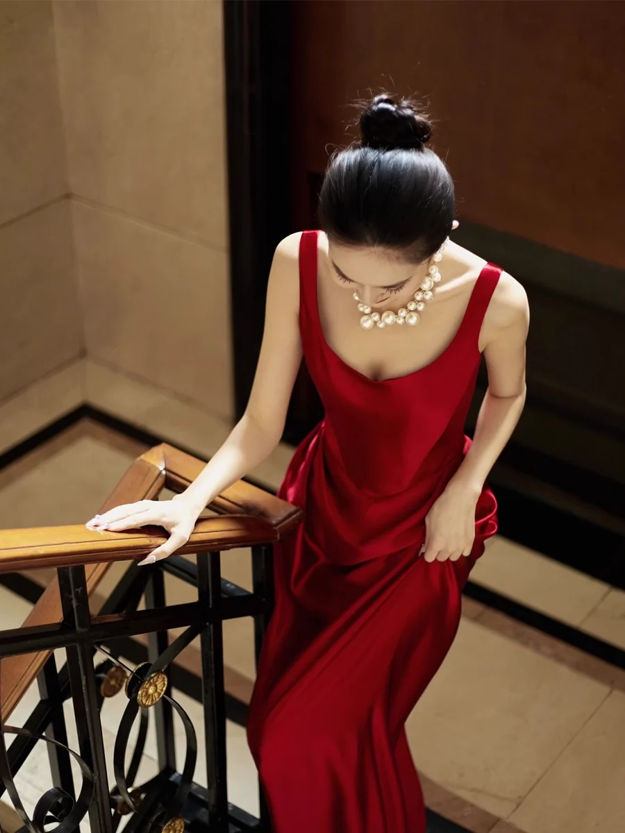Simple A line Straps Red Satin Long Prom Dresses P513 - Image 5