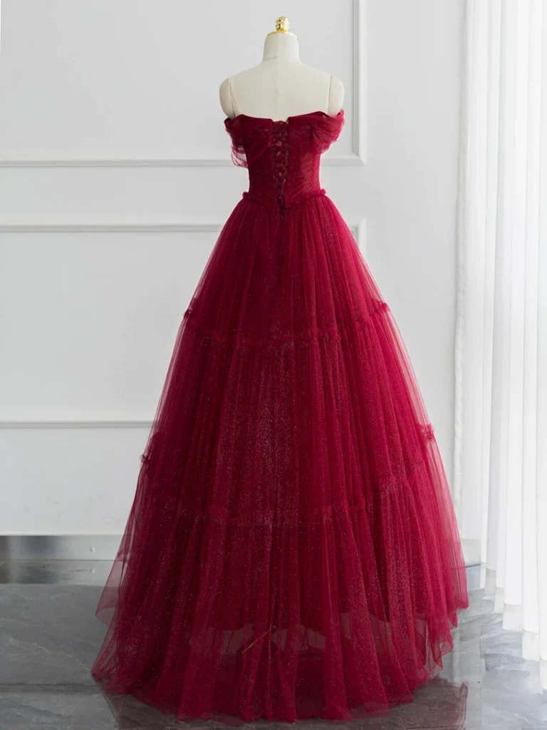 Simple A-Line Tulle Burgundy Long Prom Dress P1581 - Image 2
