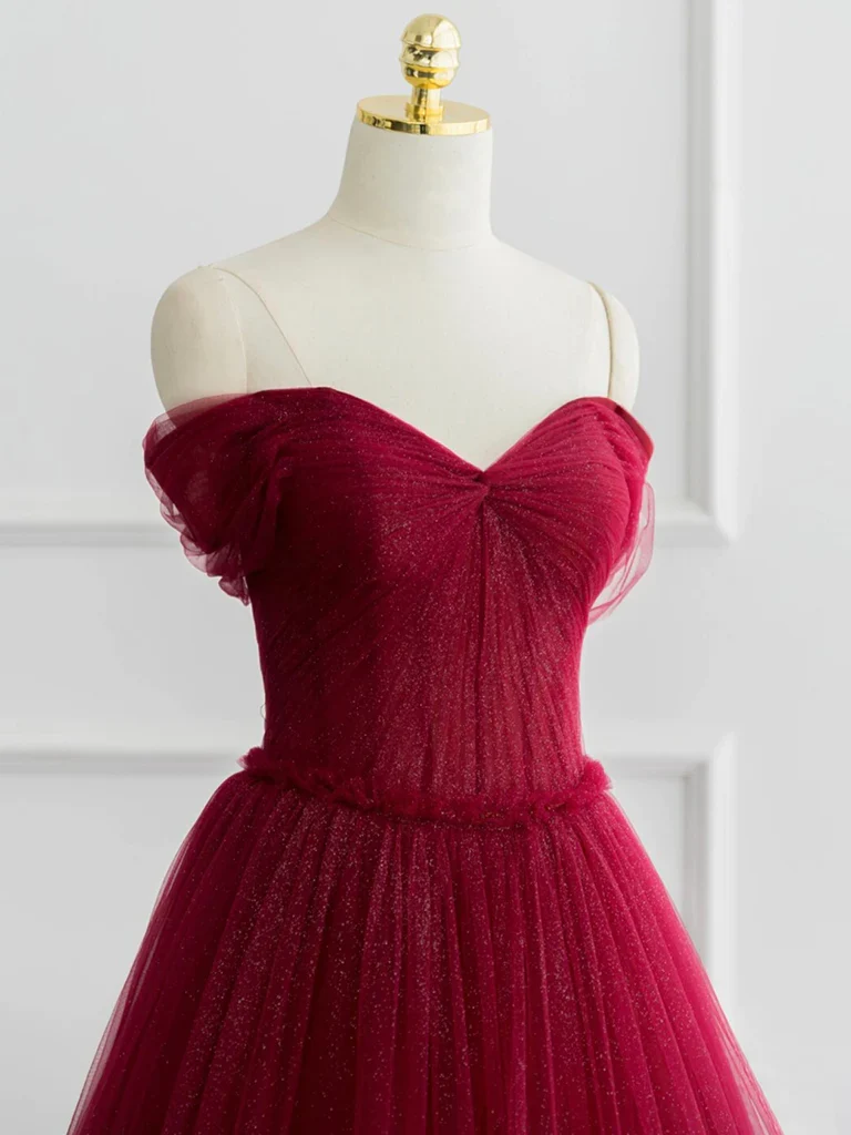 Simple A-Line Tulle Burgundy Long Prom Dress P1581 - Image 3