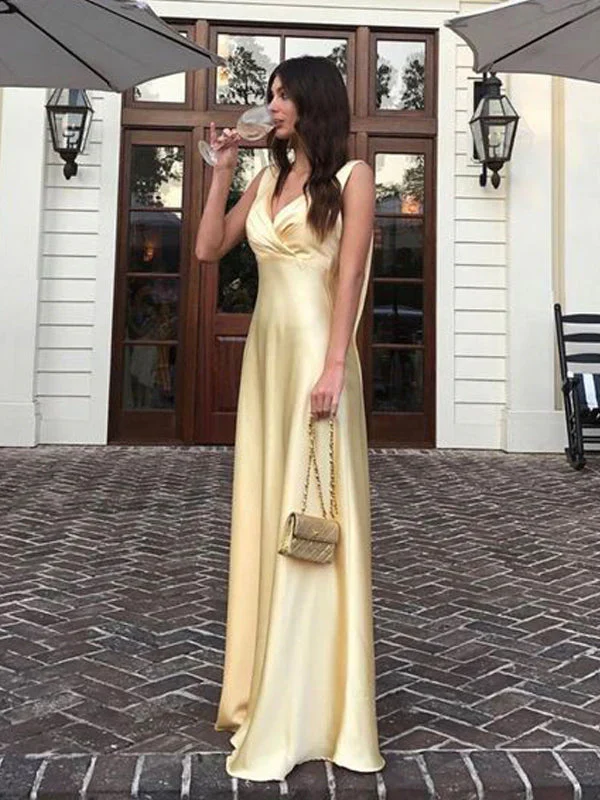 Simple A Line V neckline Yellow Long Prom Dresses P1798 - Image 5