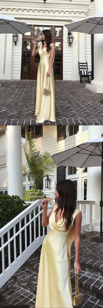 Simple A Line V neckline Yellow Long Prom Dresses P1798 - Image 7