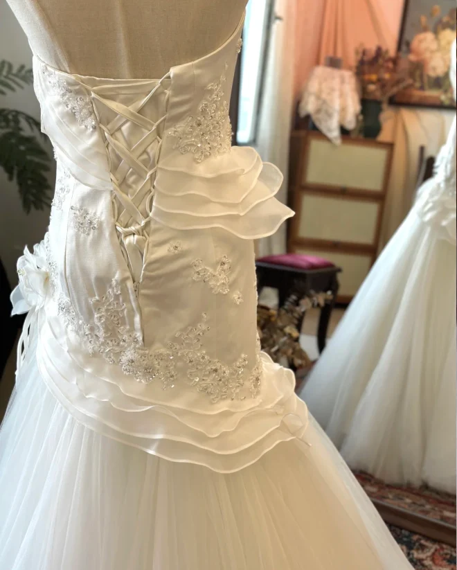 Simple and Elegant Beaded Strapless Satin Tulle Wedding Dress P2914 - Image 5