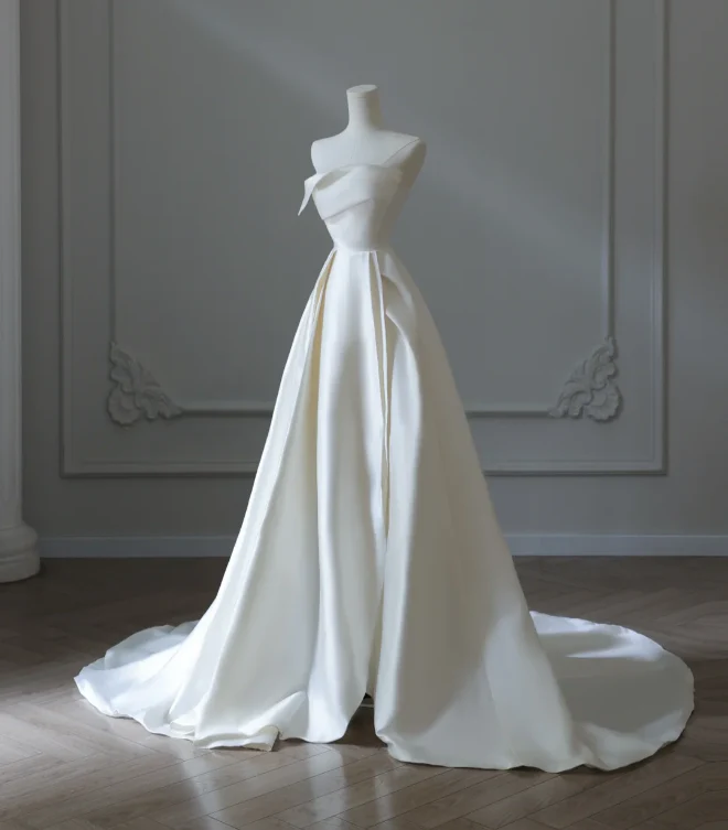 Simple and Elegant White Satin A-Line Wedding Dress P2571 - Image 4