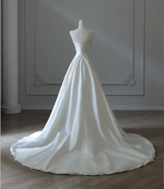 Simple and Elegant White Satin A-Line Wedding Dress P2571 - Image 5