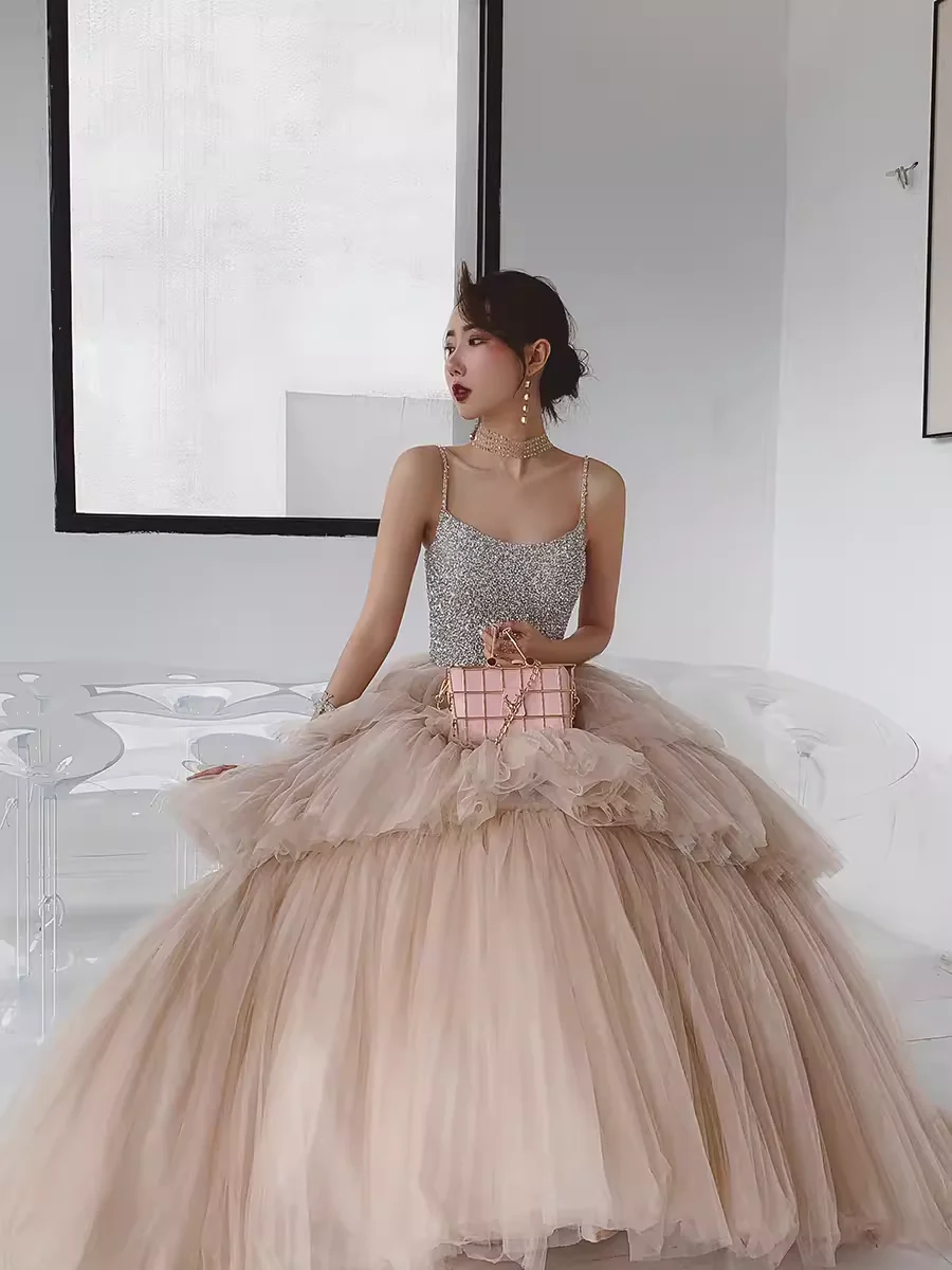 Simple Ball Gown Champagne Tulle Prom Dresses Evening Dress P2151 - Image 2