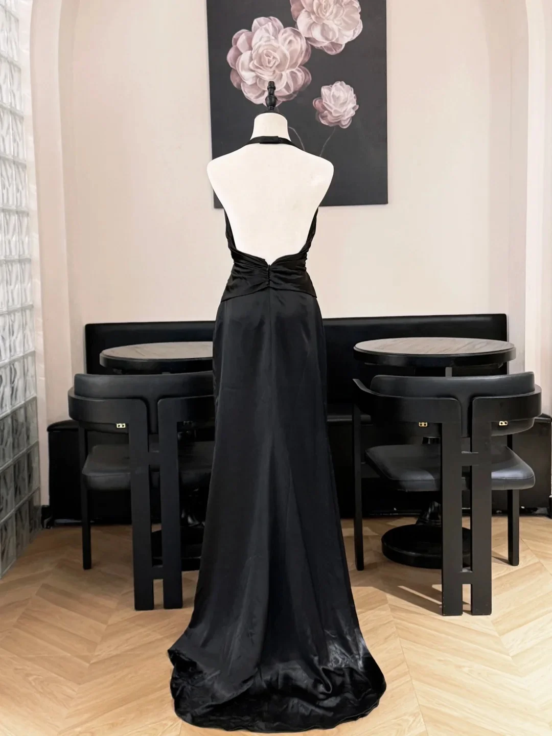 Simple Black Halter Neck Backless Satin Train Prom Dress Evening Dress P4828 - Image 2