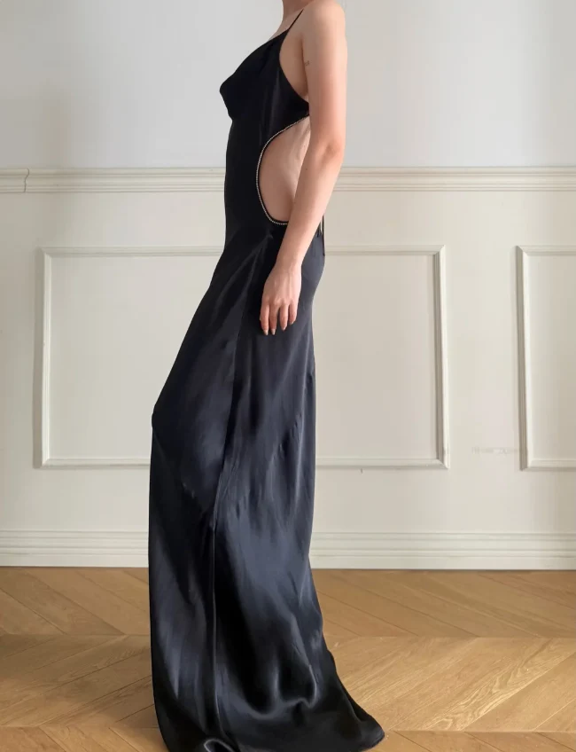 Simple Black Spaghetti Strap Cowl Neck Backless Lace-up Satin Train Prom Dress Evening Dress P4876 - Image 6