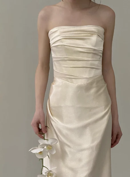Simple champagne off-shoulder satin fishtail wedding dress with train P2704 - Image 2