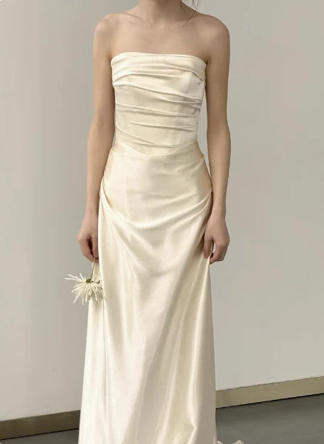 Simple champagne off-shoulder satin fishtail wedding dress with train P2704 - Image 3