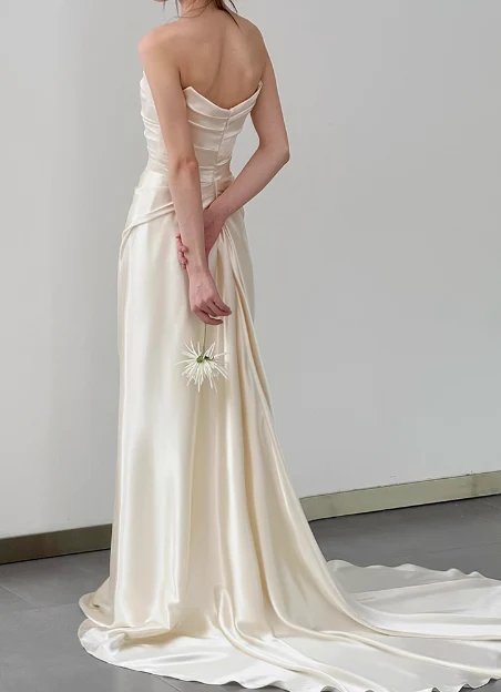 Simple champagne off-shoulder satin fishtail wedding dress with train P2704 - Image 4