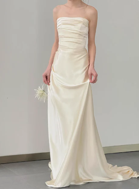Simple champagne off-shoulder satin fishtail wedding dress with train P2704 - Image 5