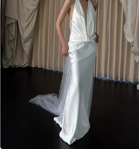 Simple French off-shoulder deep V-neck silk wedding dress with bare shoulders and back P2689 - Image 3