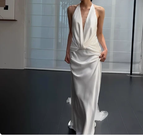 Simple French off-shoulder deep V-neck silk wedding dress with bare shoulders and back P2689 - Image 4