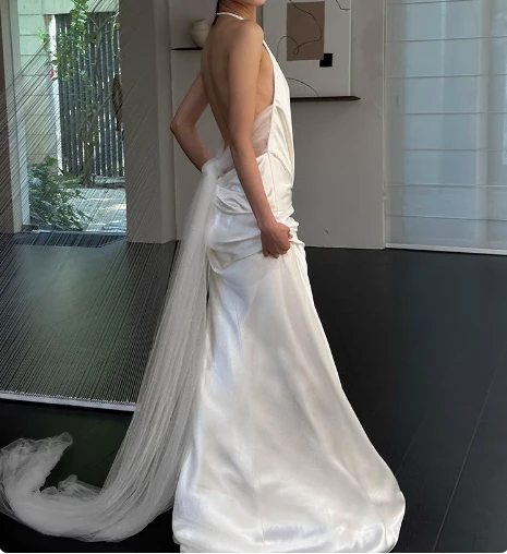 Simple French off-shoulder deep V-neck silk wedding dress with bare shoulders and back P2689 - Image 5