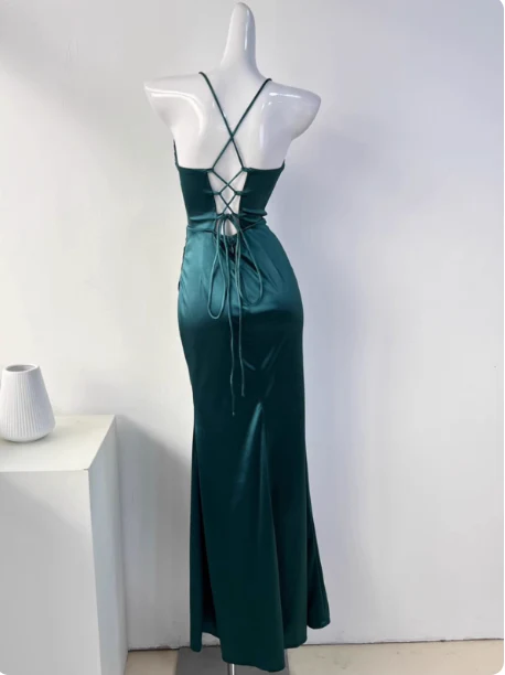 Simple Green Mermaid Pleated Crisscross Sash Slit Satin Long Prom Dress Evening Dress Bridesmaid Dress P4331 - Image 3
