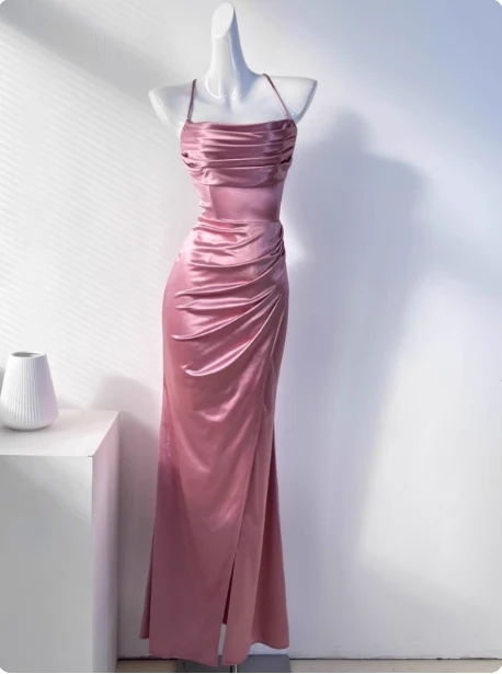 Simple Green Mermaid Pleated Crisscross Sash Slit Satin Long Prom Dress Evening Dress Bridesmaid Dress P4331 - Image 4