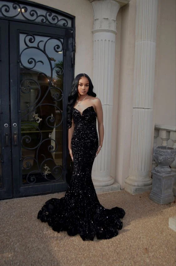 Simple Mermaid Black Sequin Prom Dresses 22th Birthday Outfit P425 - Image 3