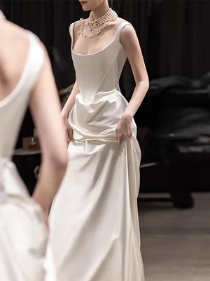 Simple Mermaid Evening Dress Ivory Satin Long Prom Dress P559 - Image 2