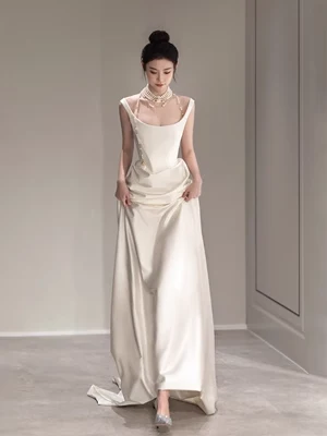 Simple Mermaid Evening Dress Ivory Satin Long Prom Dress P559 - Image 3