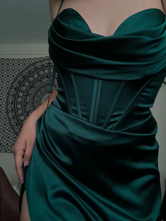 Simple Mermaid Floor Length Dark Green Prom Dresses With Slit P1471 - Image 3