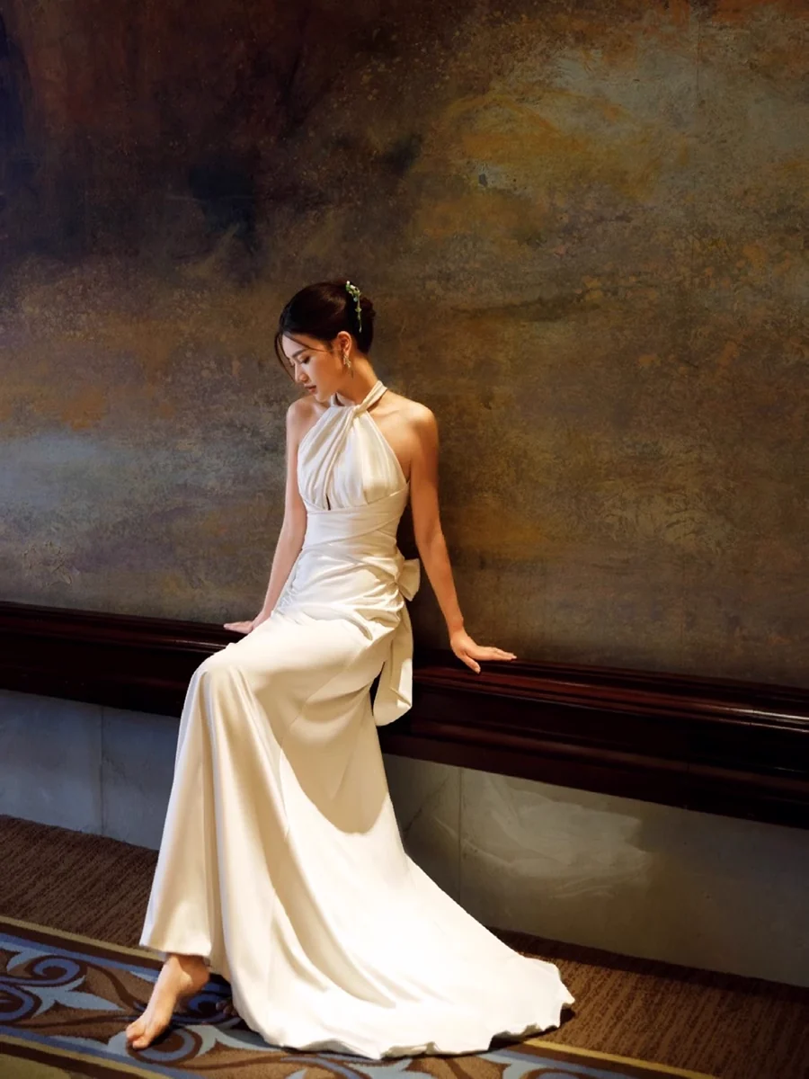 Simple Mermaid Halter Party Dresses Long White Prom Dresses P731 - Image 2