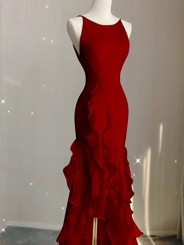 Simple Mermaid Prom Gown With Ruffles Spaghetti Straps Backless Prom Dress For Date P1847 - Image 7
