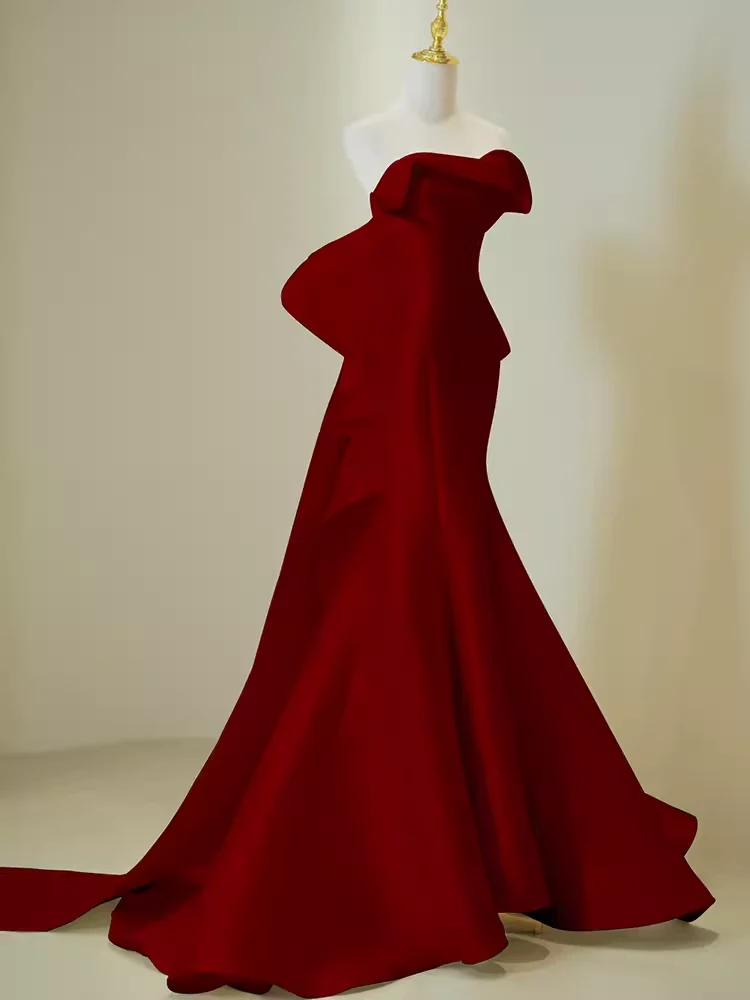 Simple Mermaid Strapless Long Red Prom Dress Evening Dress P1365 - Image 2