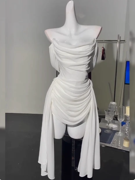 Simple Off The Shoulder Pleated Chiffon White 17th Birthday Homecoming Dress P3906 - Image 3
