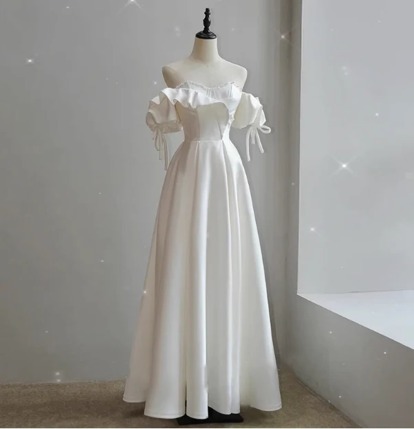 Simple satin off-shoulder A-line floor-length wedding dress P2652 - Image 3
