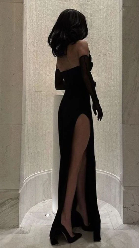 Simple Sheath Strapless Long Slit Black Prom Dresses P1252 - Image 2